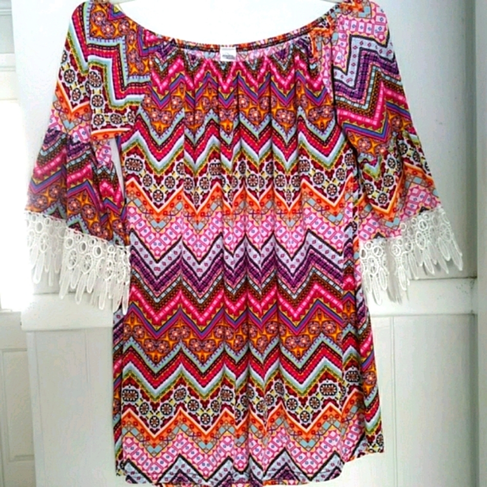 Winwin multicolored lace trim soft tunic t…